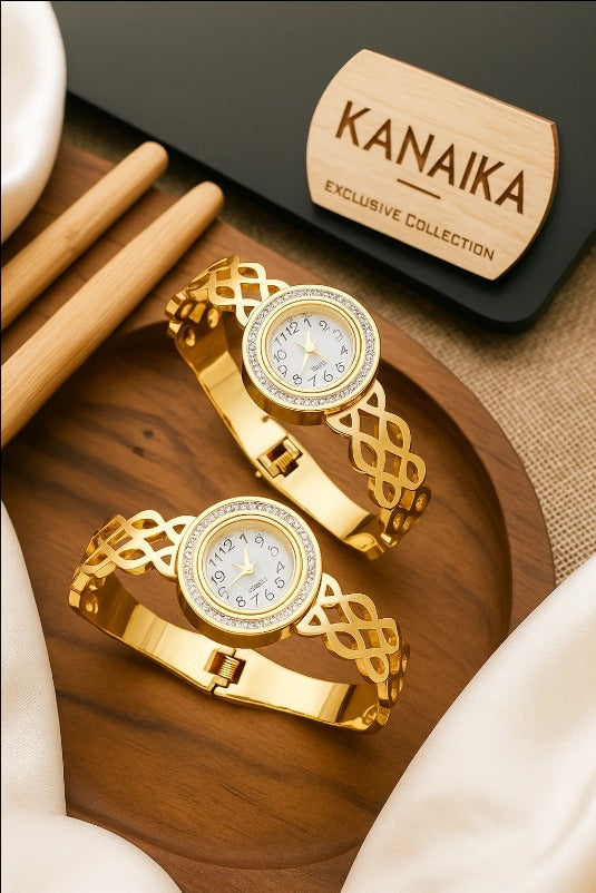 ⌚ Kanaika "Golden Trellis" Crystal-Embellished Bangle Watch – Time in Timeless Style! ✨