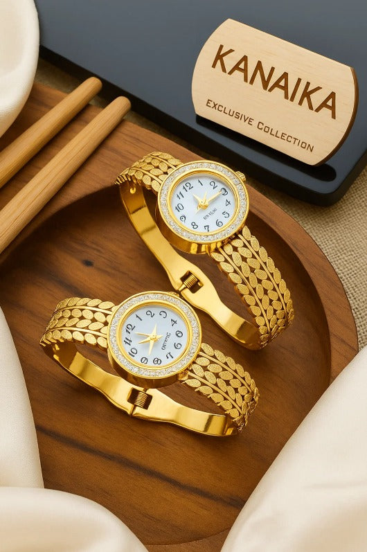 ⌚ Kanaika "Golden Olive Grove" Crystal-Trimmed Bangle Watch – Time Blossoms in Style! ✨