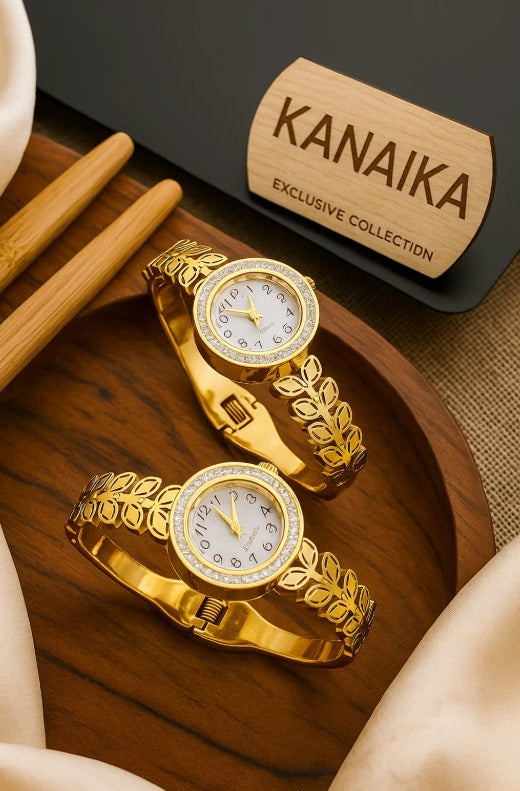 ⌚ Kanaika "Golden Laurel Crown" Crystal-Trimmed Bangle Watch – A Triumph of Timeless Style! ✨