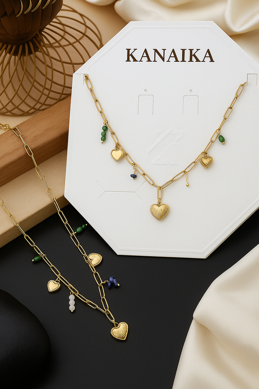 💚 Kanaika Golden Heart Charm Necklace – Love with a Touch of Gemstones 💙✨