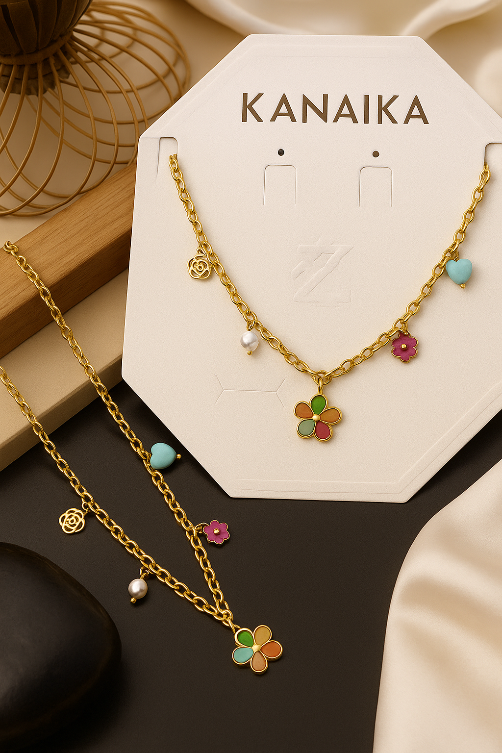 Golden Floral & Heart Charm Story Necklace 🌸💖