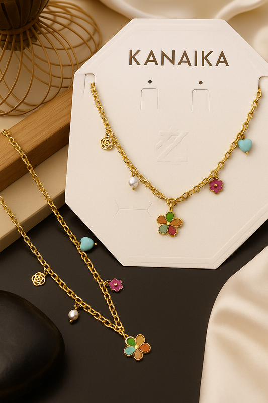 Golden Floral & Heart Charm Story Necklace 🌸💖