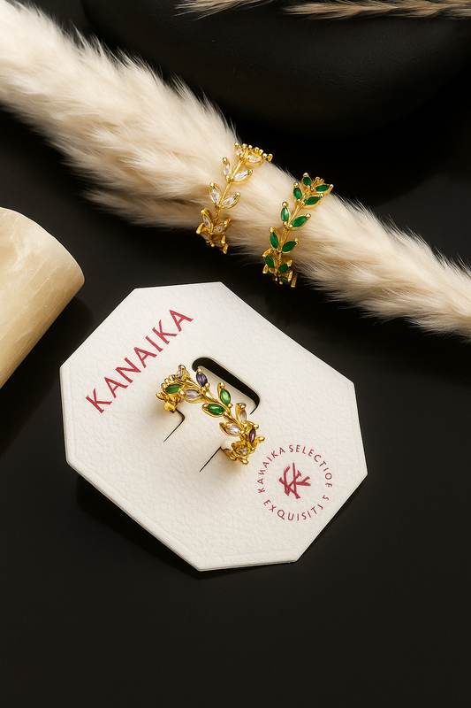 🌿 Kanaika "Mystic Grove" Leafy Emerald & Crystal Ring – A Wreath of Golden Splendor! ✨