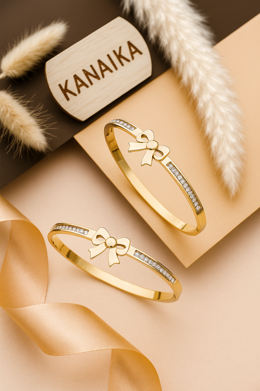 🎀 Kanaika "Golden Ribbon Bow" Crystal Bangle – Elegance Tied with Sparkle! ✨