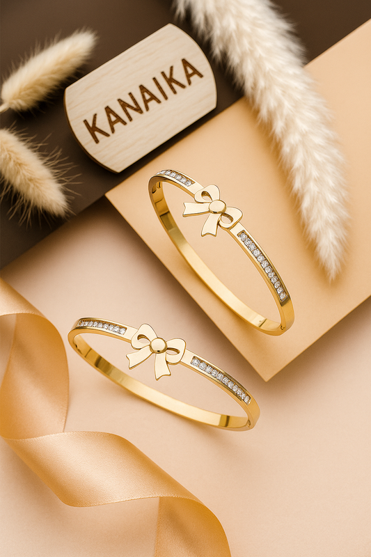 🎀 Kanaika "Golden Ribbon Bow" Crystal Bangle – Elegance Tied with Sparkle! ✨