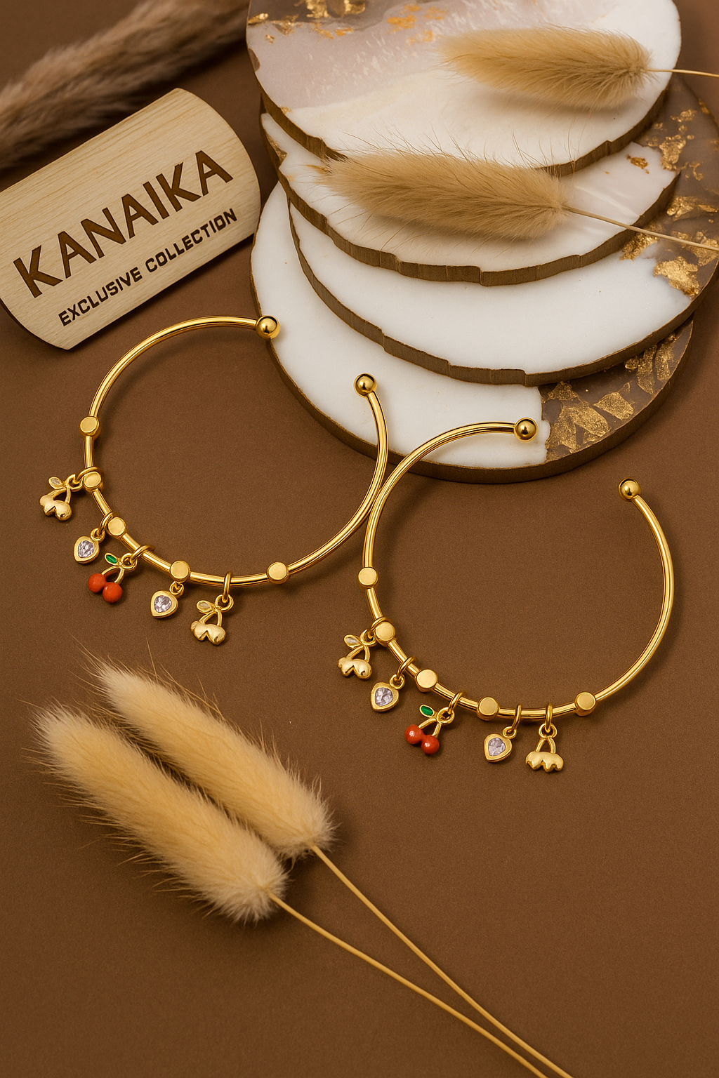 🍒 Kanaika "Sweet Cherry Blossom" Charm Bangle – Playful Gold & Fruity Delight! ✨