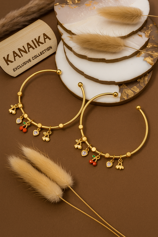 🍒 Kanaika "Sweet Cherry Blossom" Charm Bangle – Playful Gold & Fruity Delight! ✨