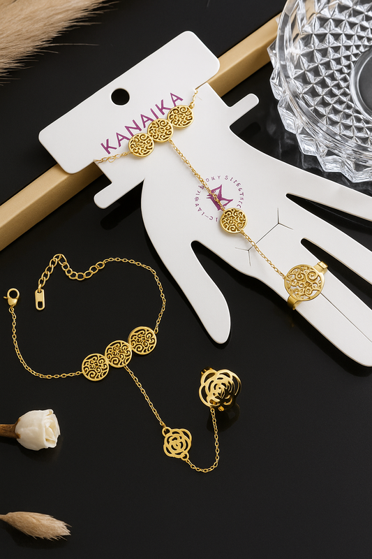 👑 Kanaika "Golden Medallion" Hand Harness – Regal Scrolls & Radiant Charm! ✨