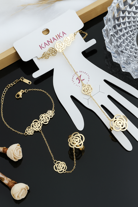 🌹 Elegant Gold Rose Hand Harness & Bracelet Set by KANAIKA 🌹