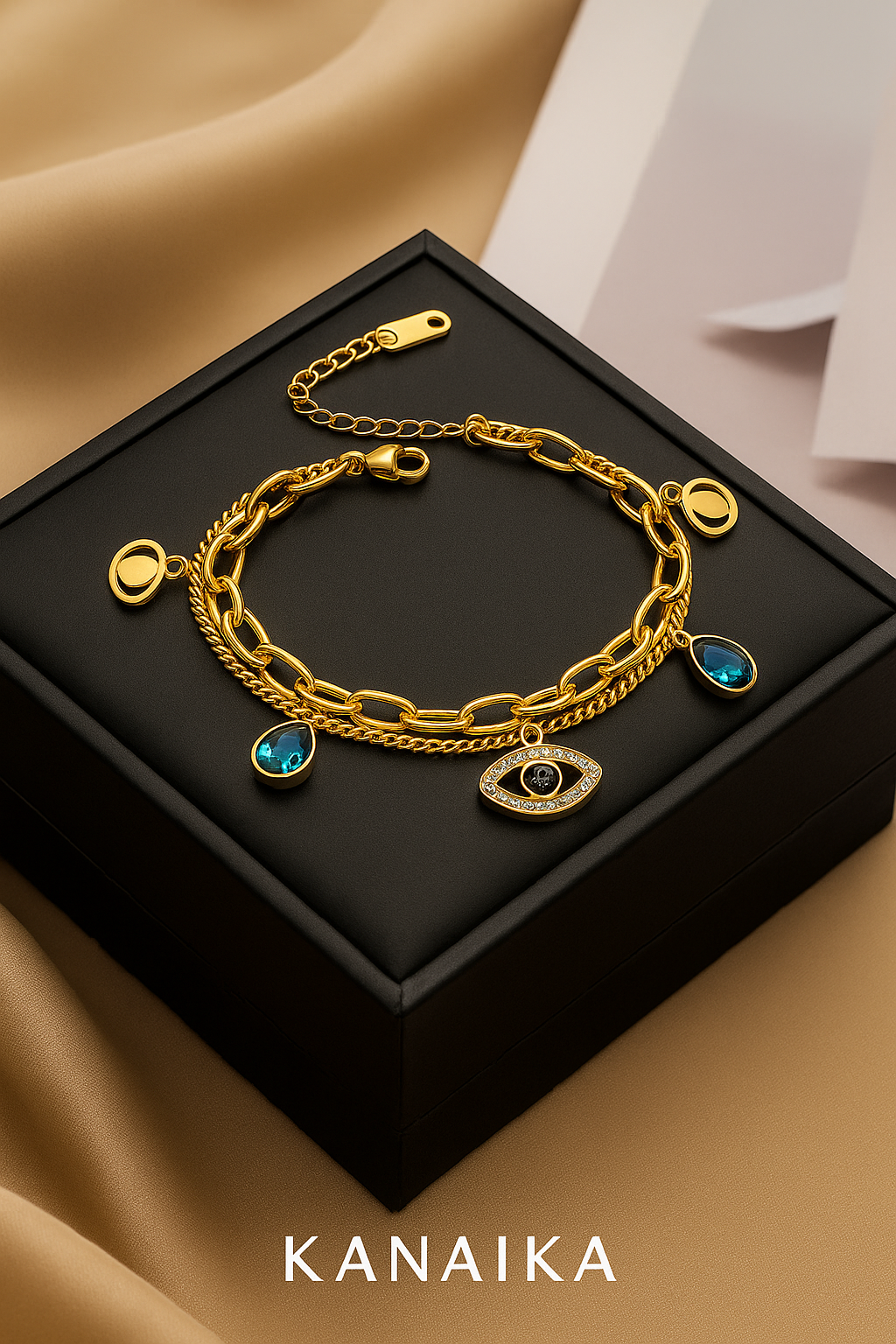 🧿 KANAIKA "Mystic Charm" Layered Bracelet with Evil Eye & Teardrop Crystals 🧿