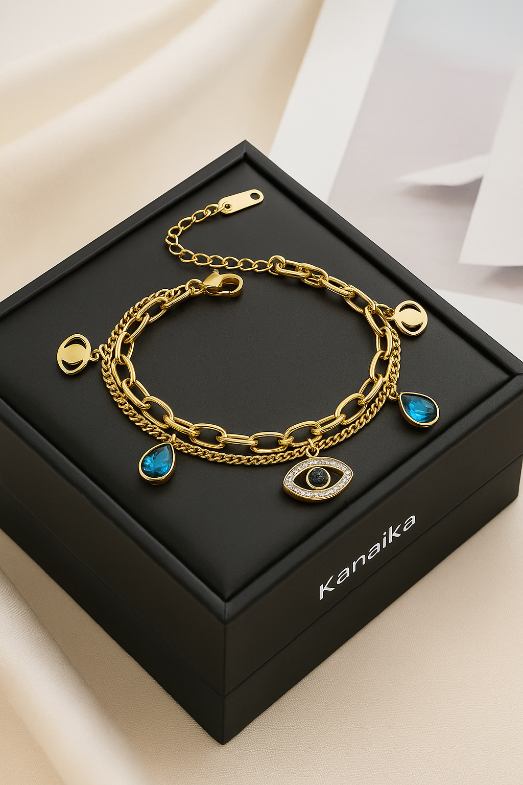 🧿 KANAIKA "Mystic Charm" Layered Bracelet with Evil Eye & Teardrop Crystals 🧿