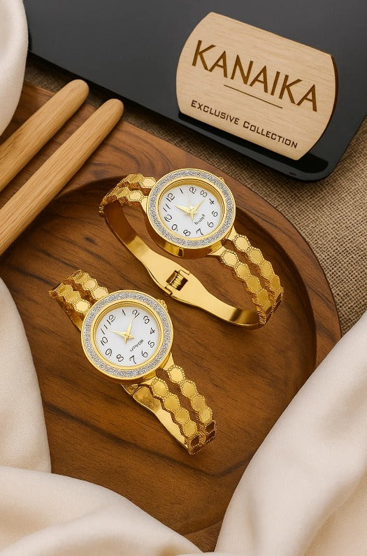 ⌚ Kanaika "Golden Scale Dazzle" Crystal-Trimmed Bangle Watch – Shimmering Time, Exquisite Style! ✨