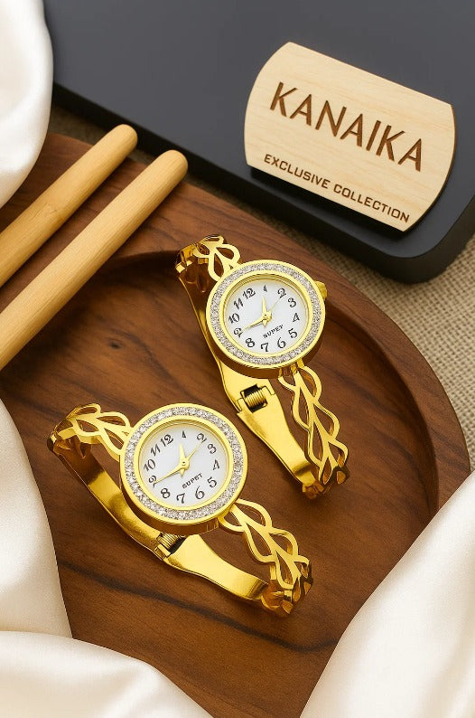 ⌚ Kanaika "Golden Blossom Weave" Crystal-Trimmed Bangle Watch – Time Blooms with Radiance! ✨