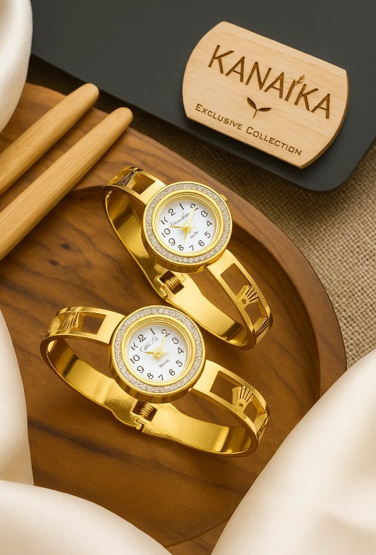 ⌚ Kanaika "Golden Crown Legacy" Crystal-Framed Bangle Watch – Reign in Style! ✨
