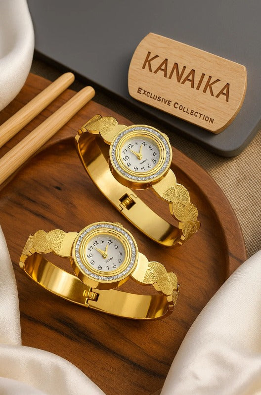 ⌚ Kanaika "Golden Petal Bloom" Crystal-Trimmed Bangle Watch – Time in Full Splendor! ✨